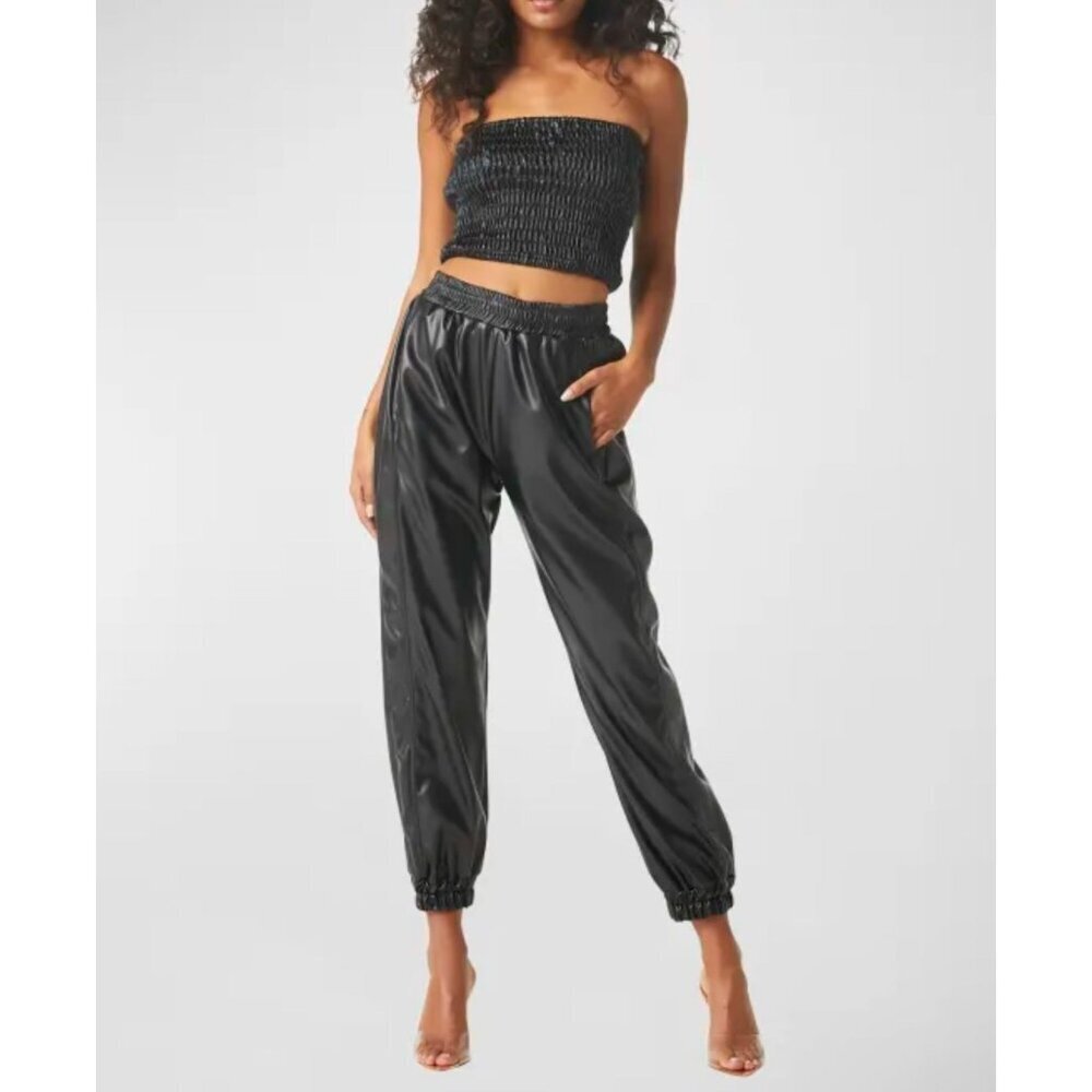 Misa Los Angeles Vegan Leather Joggers & Smocked Crop Top Set Black Size S